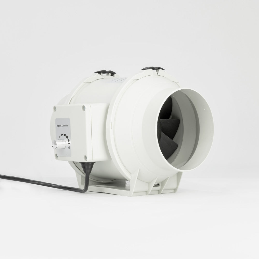 A front to side angle view of a white Expella ECF Inline Mixed Flow EC Fan with a speed controller dial and a black power cord.