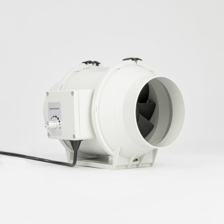 A front to side angle view of a white Expella ECF Inline Mixed Flow EC Fan with a speed controller dial and a black power cord.