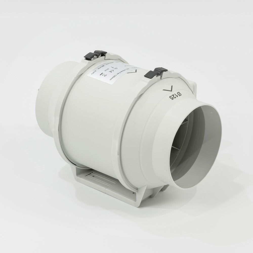 A top angle view of a white Expella ECF Inline Mixed Flow EC Fan 