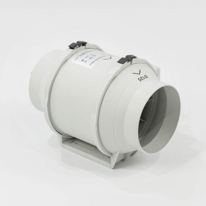 A top angle view of a white Expella ECF Inline Mixed Flow EC Fan 