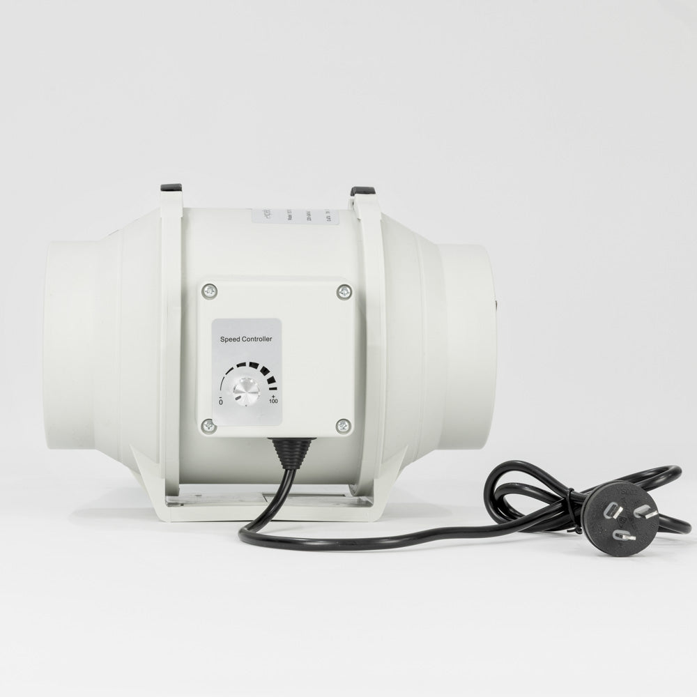 A side view of a white Expella ECF Inline Mixed Flow EC Fan with a speed controller dial and a black power cord