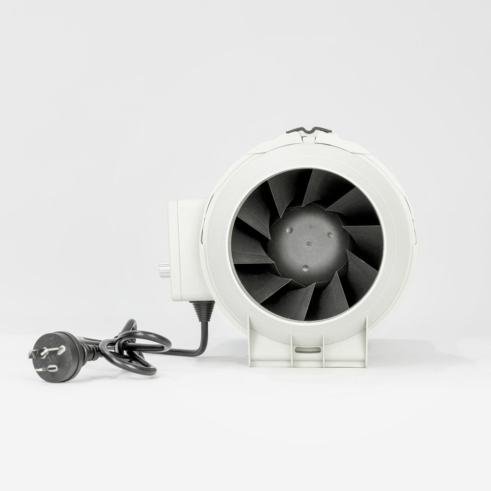 A side view of a white Expella ECF Inline Mixed Flow EC Fan showing the fan blade and a black power cord