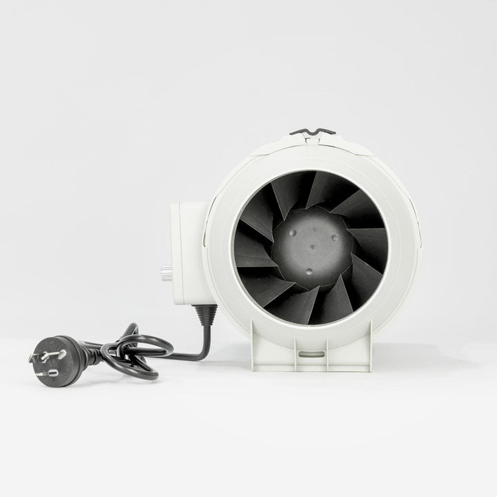 A side view of a white Expella ECF Inline Mixed Flow EC Fan showing the fan blade and a black power cord