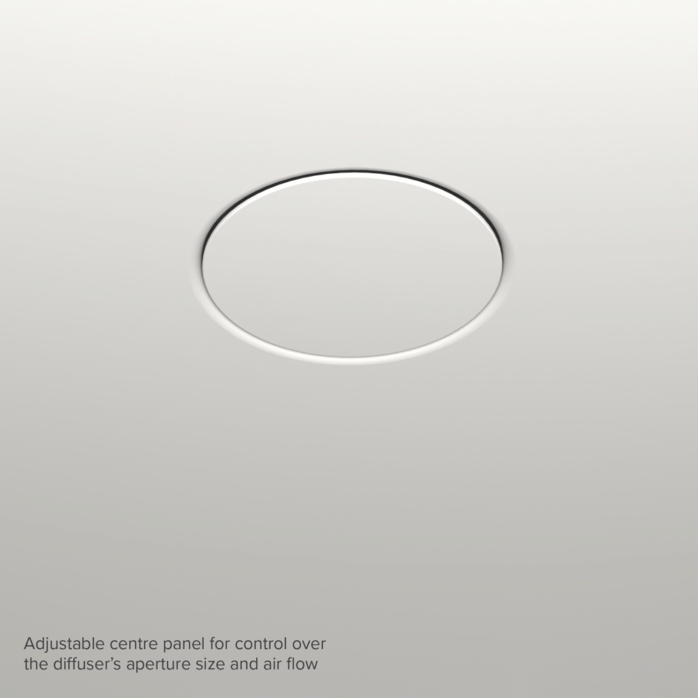 Shadowline Diffuser AC Round installed in a white gyprocked ceiling showing three centre panel adjustments