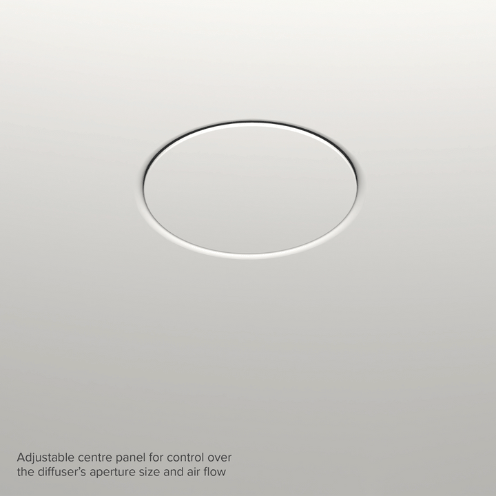 Shadowline Diffuser AC Round installed in a white gyprocked ceiling showing three centre panel adjustments