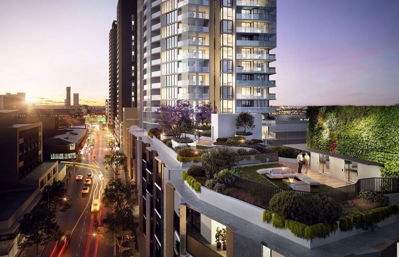 Artists impression of the West Village Parramatta development showing high rise apartments
