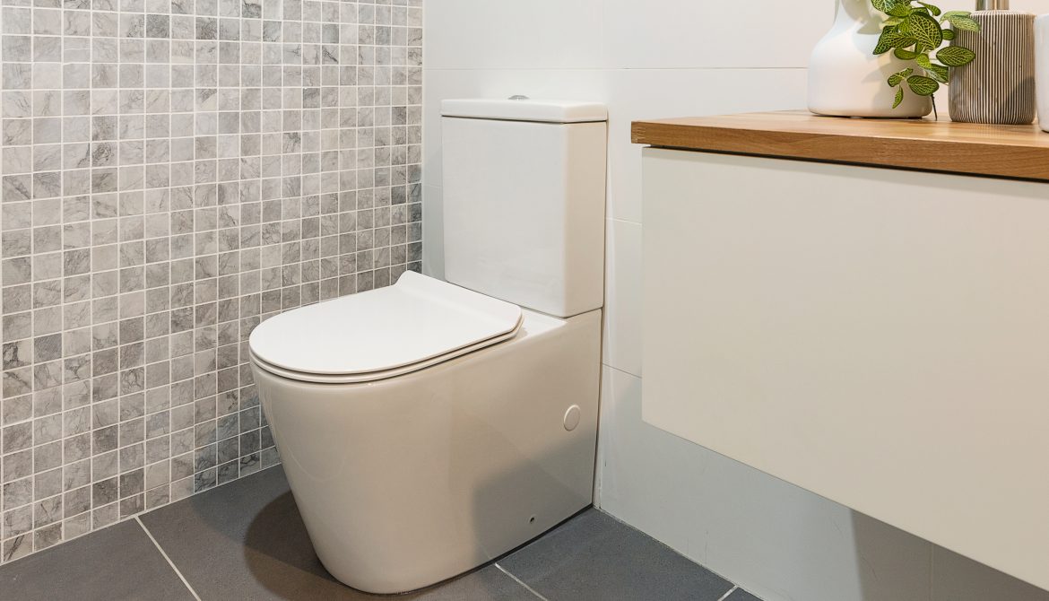 Mod back-to-wall Milu Odourless toilet installed in modern bathroom with marble mosaic tiles