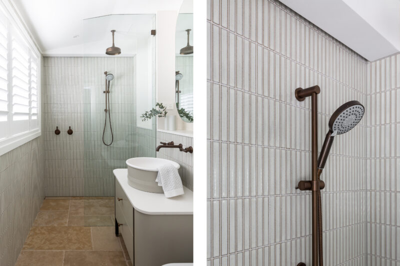 Shadowline Diffuser pictured in a bright and modern bathroom design with white/green kitkat tiles and bronze shower fittings