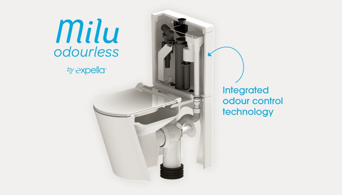 Milu Odourless by Expella logo next to a cutaway render of the Milu Odourless toilet showing the patented odour control system