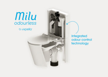 Milu Odourless by Expella logo next to a cutaway render of the Milu Odourless toilet showing the patented odour control system